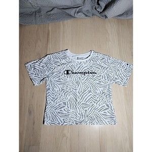 Champion Shirt Womens Large Gray Crop Top Short Sleeve Logo Crew Neck Ladies